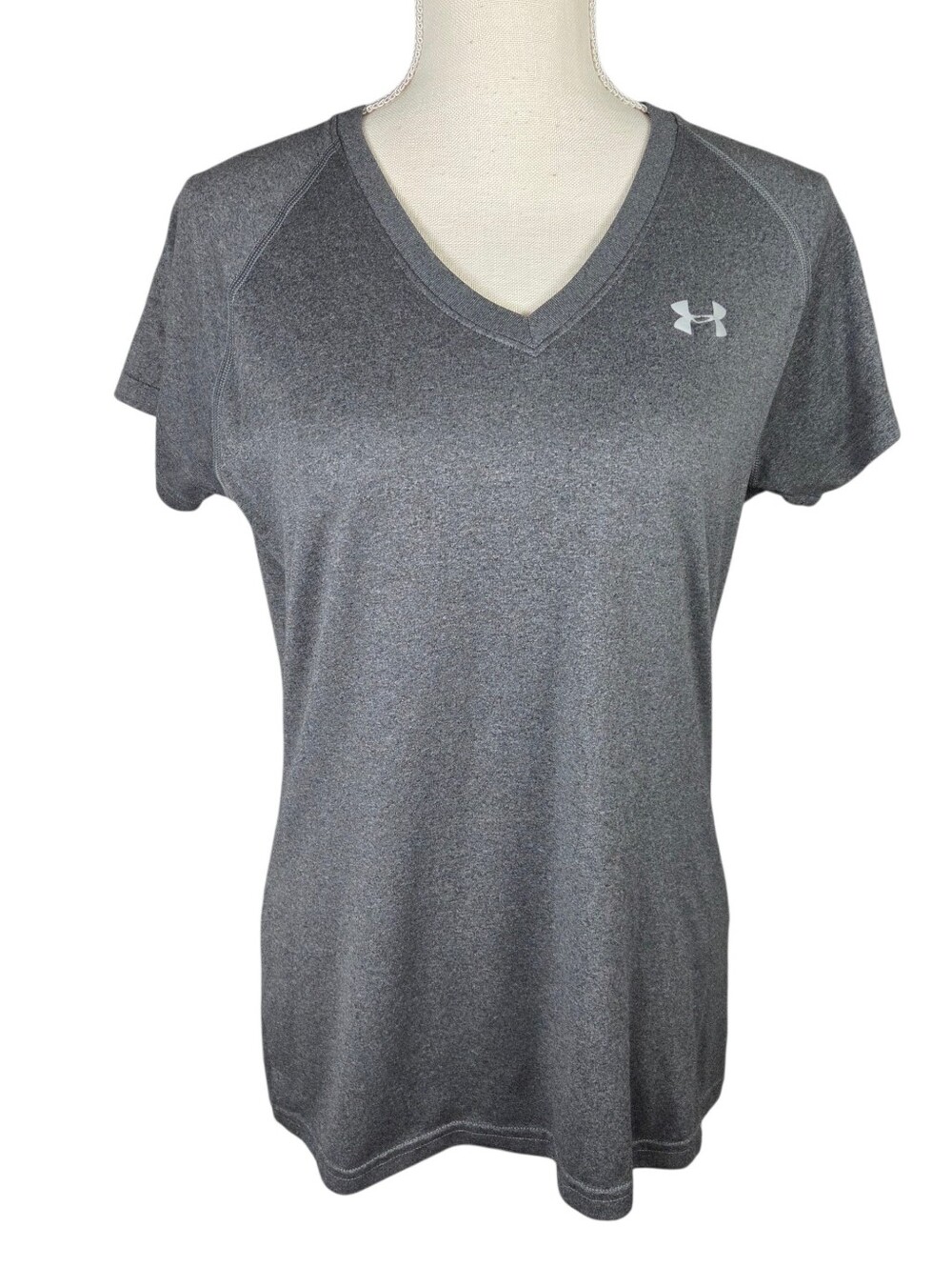 🔥4/$20 Under Armour V-Neck T-Shirt Womens Large -Gray -HeatGear -Short Sleeve
